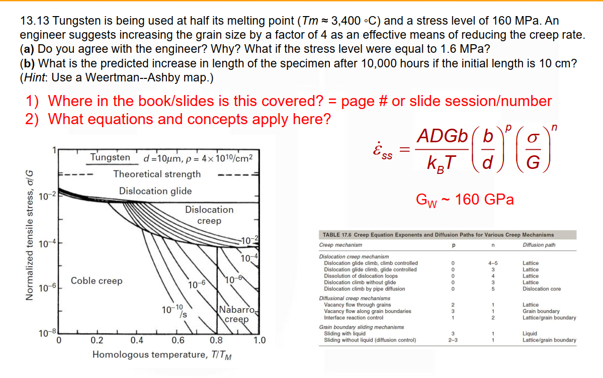 13.13 Tungsten is being used at half its melting point (Tm 3,400 °C) and a stress level of 160 MPa. An
engineer suggests increasing the grain size by a factor of 4 as an effective means of reducing the creep rate.
(a) Do you agree with the engineer? Why? What if the stress level were equal to 1.6 MPa?
(b) What is the predicted increase in length of the specimen after 10,000 hours if the initial length is 10 cm?
(Hint: Use a Weertman--Ashby map.)
1) Where in the book/slides is this covered? = page # or slide session/number
2) What equations and concepts apply here?
Normalized tensile stress, o/G
10-²
10-4
10-6
10-8
0
Tungsten d = 10um, p = 4x 1010/cm²
Theoretical strength
Dislocation glide
Coble creep
0.2
10-10
0.4
Dislocation
creep
/s
10-6
0.6
0.8
Homologous temperature, T/TM
10-2
10-4
10-6
Nabarro
creep
≈
1.0
၆
SS
Dislocation creep mechanism
Dislocation glide climb, climb controlled
Dislocation glide climb, glide controlled
Dissolution of dislocation loops
Dislocation climb without glide
Dislocation climb by pipe diffusion
ADGb b
k T d
Gw~160 GPa
TABLE 17.6 Creep Equation Exponents and Diffusion Paths for Various Creep Mechanisms
Creep mechanism
Р p
Diffusion path
Diffusional creep mechanisms
Vacancy flow through grains
Vacancy flow along grain boundaries
Interface reaction control
Grain boundary sliding mechanisms
Sliding with liquid
Sliding without liquid (diffusion control)
0
0
0
0
0
2
3
1
3
2-3
n
4-5
3
4
3
5
р
1
1
2
1
n
Lattice
Lattice
Lattice
Lattice
Dislocation core
Lattice
Grain boundary
Lattice/grain boundary
Liquid
Lattice/grain boundary