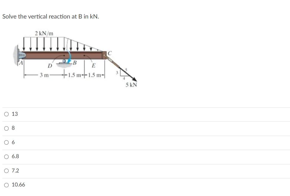 Solve the vertical reaction at B in kN.
2 kN/m
-B
E
3 m
+1.5 m--1.5 m-|
5 kN
O 13
O 8
6.8
7.2
O 10.66
