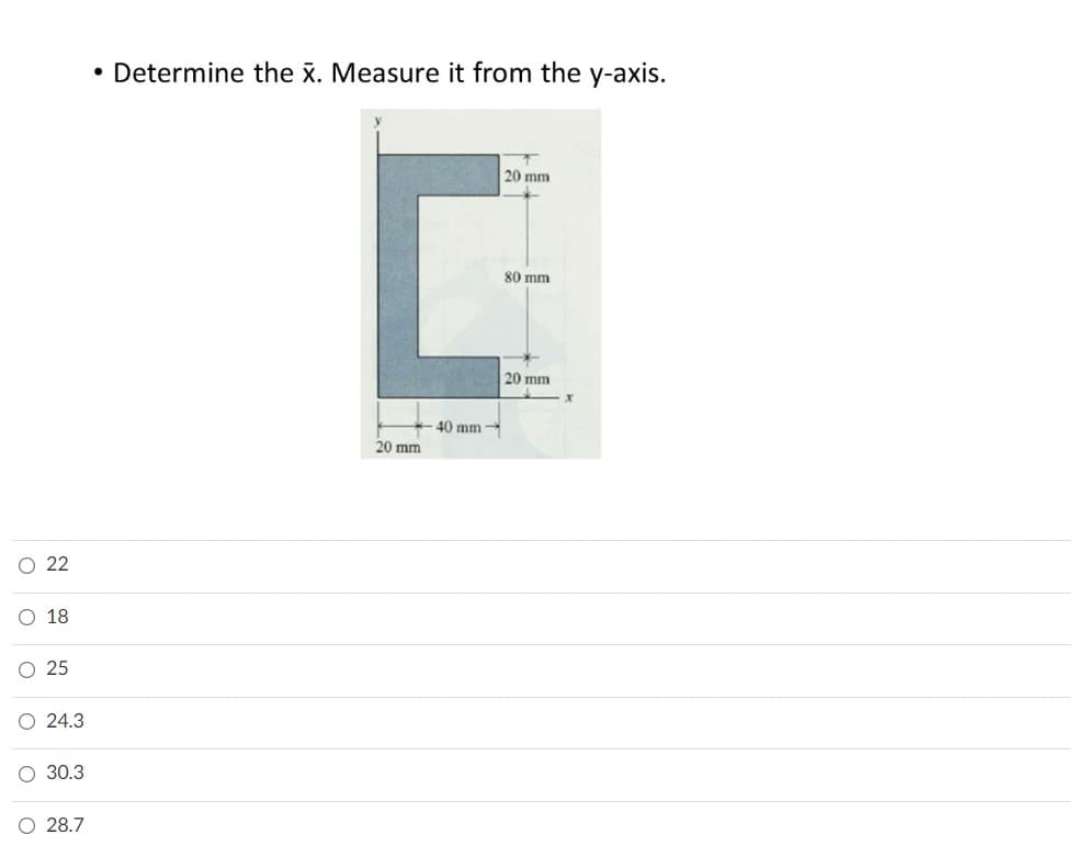 • Determine the x. Measure it from the y-axis.
20 mm
80 mm
20 mm
40 mm -
20 mm
22
18
25
24.3
30.3
28.7
