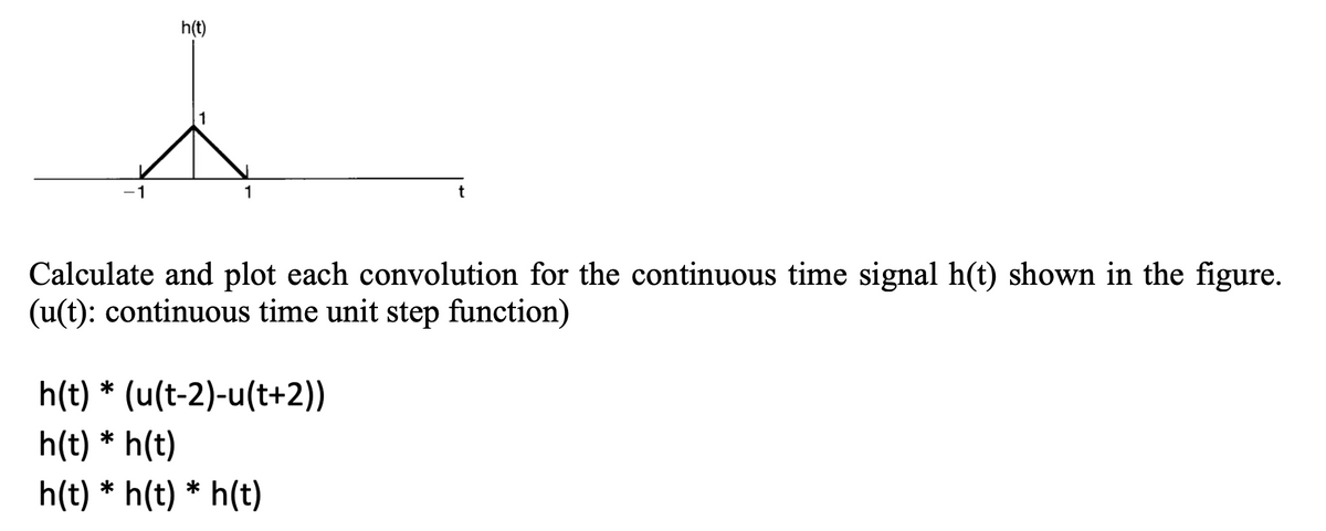 h(t)
1
1
t
Calculate and plot each convolution for the continuous time signal h(t) shown in the figure.
(u(t): continuous time unit step function)
h(t) * (u(t-2)-u(t+2))
h(t) * h(t)
h(t) * h(t) * h(t)
