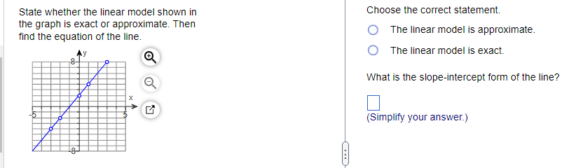 State whether the linear model shown in
the graph is exact or approximate. Then
find the equation of the line.
8
A
A
(...)
Choose the correct statement.
The linear model is approximate.
The linear model is exact.
What is the slope-intercept form of the line?
(Simplify your answer.)