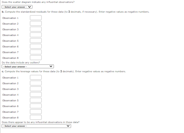 Does the scatter diagram indicate any influential observations?
-Select your answer -
b. Compute the standardized residuals for these data (to 2 decimals, if necessary). Enter negative values as negative numbers.
Observation 1
Observation 2
Observation 3
Observation 4
Observation 5
Observation 6
Observation 7
Observation 8
Do the data include any outliers?
Select your answer -
c. Compute the leverage values for these data (to 2 decimals). Enter negative values as negative numbers.
Observation 1
Observation 2
Observation 3
Observation 4
Observation 5
Observation 6
Observation 7
Observation 8
Does there appear to be any influential observations in these data?
-Select your answer -