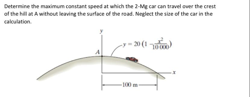 Determine the maximum constant speed at which the 2-Mg car can travel over the crest
of the hill at A without leaving the surface of the road. Neglect the size of the car in the
calculation.
-y = 20 (1 7o00)
10 000
A
-100 m
