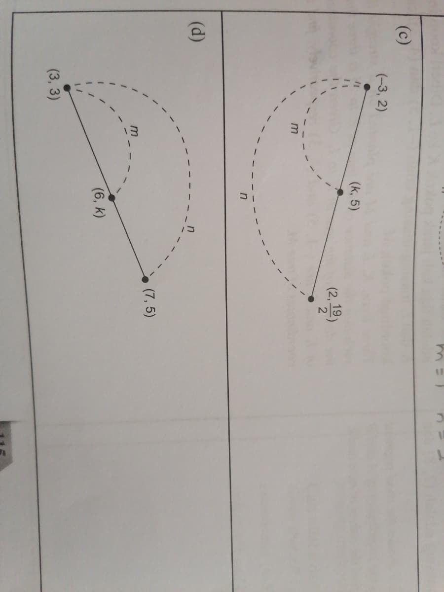 (c)
(-3, 2)
(k, 5)
(2, 19)
m
(d)
(7, 5)
(6, k)
(3, 3)
