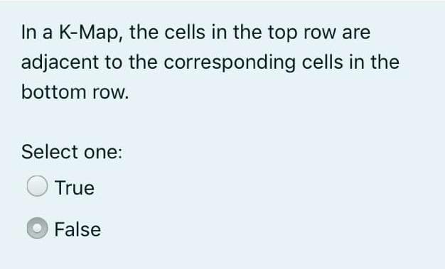 In a K-Map, the cells in the top row are
adjacent to the corresponding cells in the
bottom row.
Select one:
True
False
