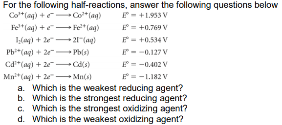 For the following half-reactions, answer the following questions below
Co³*(aq) + e¯ –→ Co²*(aq)
E° = +1.953 V
E° = +0.769 V
E° = +0.534 V
E° = -0.127 V
Fe*(aq) + e¯ – Fe²+(aq)
I2(aq) + 2e¯ -
Pb²+(aq) + 2e¯
21¬(aq)
-
→ Pb(s)
Са*(ag) + 2е".
• Cd(s)
E = -0.402 V
Mn²+(aq) + 2e¯ → Mn(s)
a. Which is the weakest reducing agent?
b. Which is the strongest reducing agent?
c. Which is the strongest oxidizing agent?
d. Which is the weakest oxidizing agent?
E = -1.182 V
