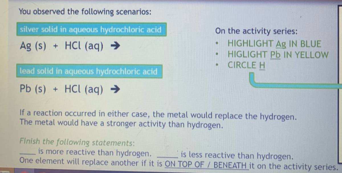 You observed the following scenarios:
silver solid in aqueous hydrochloric acid
Ag (s) + HCl (aq) →
lead solid in aqueous hydrochloric acid
Pb (s) + HCl (aq) →
On the activity series:
•
•
.
HIGHLIGHT Ag IN BLUE
HIGLIGHT Pb IN YELLOW
CIRCLE H
If a reaction occurred in either case, the metal would replace the hydrogen.
The metal would have a stronger activity than hydrogen.
Finish the following statements:
I is less reactive than hydrogen.
is more reactive than hydrogen.
One element will replace another if it is ON TOP OF BENEATH it on the activity series.