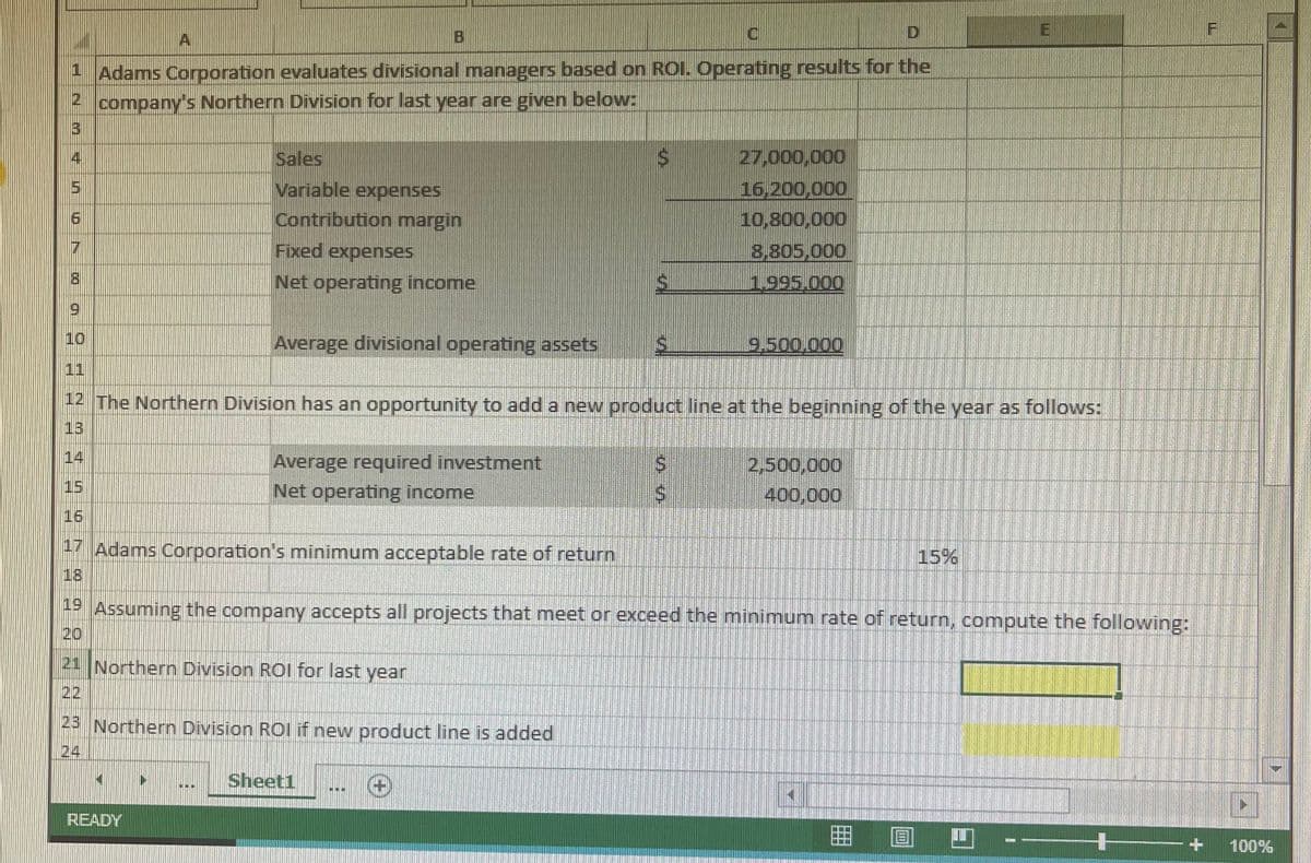 D
E
F
1 Adams Corporation evaluates divisional managers based on ROI. Operating results for the
2 company's Northern Division for last year are given below:
3
4
Sales
27,000,000
15
Variable expenses
16,200,000
6
Contribution margin
10,800,000
Fixed expenses
8,805,000
Net operating income
1.995.000
10
Average divisional operating assets
9.500.000
11
12 The Northern Division has an opportunity to add a new product line at the beginning of the year as follows:
13
14
Average required investment
2,500,000
15
Net operating income
400,000
16
17 Adams Corporation's minimum acceptable rate of return
15%
18
19 Assuming the company accepts all projects that meet or exceed the minimum rate of return, compute the following:
20
21 Northern Division ROI for last year
22
23 Northern Division ROI if new product line is added
24
Sheet1
+)
READY
100%
