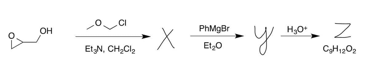 .CI
PhMgBr
y
ОН
H3O+
EtzN, CH,Cl2
Et20
C9H1202
