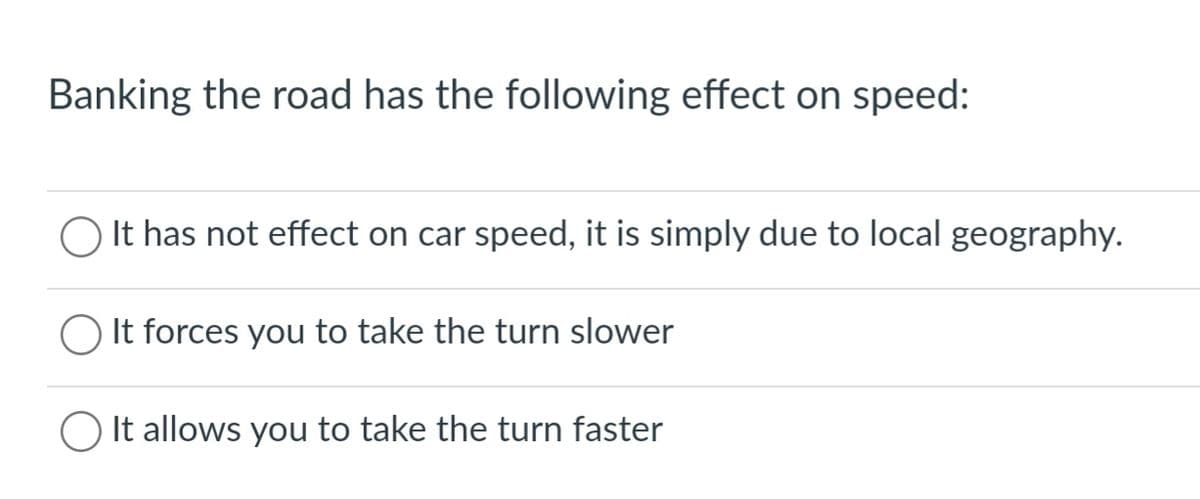 Banking the road has the following effect on speed:
It has not effect on car speed, it is simply due to local geography.
It forces you to take the turn slower
It allows you to take the turn faster
