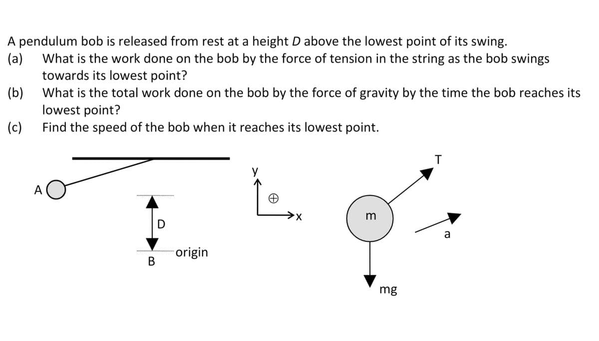 A pendulum bob is released from rest at a height D above the lowest point of its swing.
(a)
What is the work done on the bob by the force of tension in the string as the bob swings
towards its lowest point?
(b)
What is the total work done on the bob by the force of gravity by the time the bob reaches its
lowest point?
(c)
Find the speed of the bob when it reaches its lowest point.
A
m
D
a
origin
В
mg
