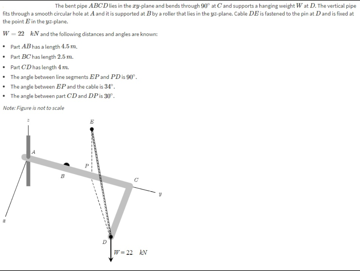 The bent pipe ABCD lies in the ry-plane and bends through 90° at C and supports a hanging weight W at D. The vertical pipe
fits through a smooth circular hole at A and it is supported at B by a roller that lies in the yz-plane. Cable DE is fastened to the pin at D and is fixed at
the point E in the yz-plane.
W = 22 kN and the following distances and angles are known:
Part AB has a length 4.5 m.
Part BC' has length 2.5 m.
Part CD has length 4 m.
• The angle between line segments EP and PD is 90°.
• The angle between EP and the cable is 34°.
The angle between part CD and DP is 30°.
Note: Figure is not to scale
E
B
D
W= 22 kN
