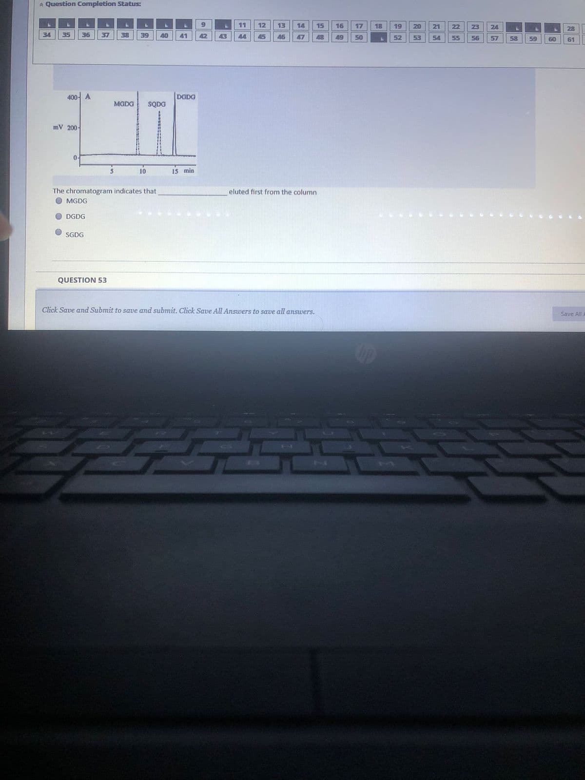 * Question Completion Status:
11
12
13
14
15
16
17
18
19
20
21
22
23
24
28
34
35
36
37
38
39
40
41
42
43
44
45
46
47
48
49
50
52
53
54
55
56
57
58
59
60
61
40어 A
DGDG
MGDG
SQDG
mV 200-
0-
10
15 min
The chromatogram indicates that
O MGDG
eluted first from the column
DGDG
SGDG
QUESTION 53
Click Save and Submit to save and submit. Click Save AIL Answers to save all answers.
Save All A
