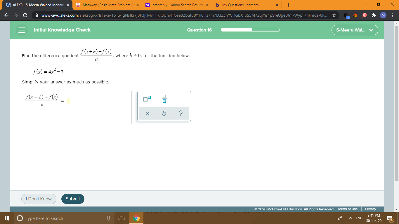 f(x+h)-f(x)
Find the difference quotient
where h + 0, for the function below.
h
f(x) = 4x²-7
Simplify your answer as much as possible.
