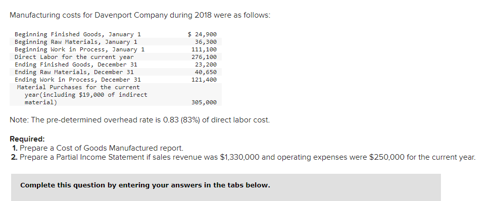 Manufacturing costs for Davenport Company during 2018 were as follows:
$ 24,900
36,300
Beginning Finished Goods, January 1
Beginning Raw Materials, January 1
Beginning Work in Process, January 1
Direct Labor for the current year
Ending Finished Goods, December 31
Ending Raw Materials, December 31
Ending Work in Process, December 31
Material Purchases for the current
year (including $19,000 of indirect
material)
Note: The pre-determined overhead rate is 0.83 (83%) of direct labor cost.
111,100
276,100
23, 200
40,650
121,400
305,000
Required:
1. Prepare a Cost of Goods Manufactured report.
2. Prepare a Partial Income Statement if sales revenue was $1,330,000 and operating expenses were $250,000 for the current year.
Complete this question by entering your answers in the tabs below.