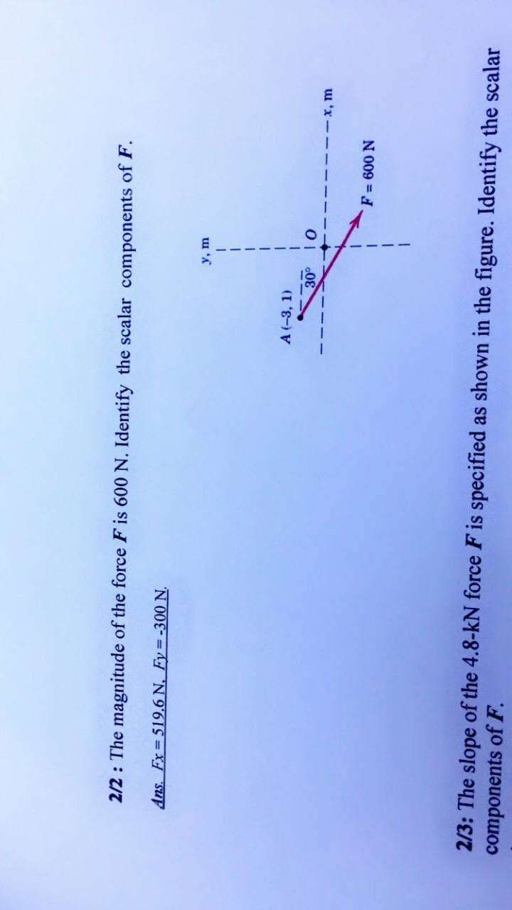 2/2 : The magnitude of the force F is 600 N. Identify the scalar components of F.
Ans. Fx 519.6 N. Fy -300 N.
y, m
A (-3, 1)
01
x, m
N 009 = d
2/3: The slope of the 4.8-kN force F is specified as shown in the figure. Identify the scalar
components of F.
