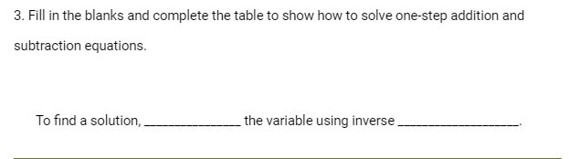 3. Fill in the blanks and complete the table to show how to solve one-step addition and
subtraction equations.
To find a solution,.
the variable using inverse
