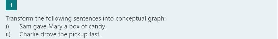 1
Transform the following sentences into conceptual graph:
i)
Sam gave Mary a box of candy.
ii)
Charlie drove the pickup fast.
