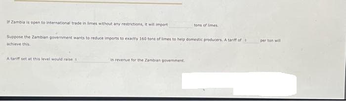 If Zambia is open to international trade in limes without any restrictions, it will import
Suppose the Zambian government wants to reduce imports to exactly 160 tons of limes to help domestic producers. A tariff of
achieve this.
A tariff set at this level would raise
tons of limes
in revenue for the Zambian government.
per ton will