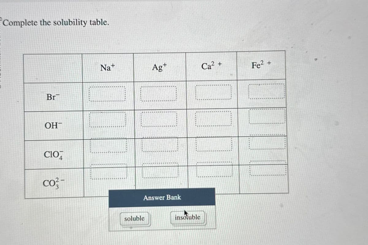 Complete the solubility table.
Br
OH
CIO
Co-
Na+
Ag+
Ca2+
Fe2+
soluble
Answer Bank
insoluble