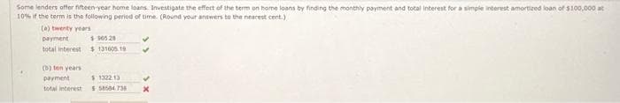 Some lenders offer fifteen-year home loans. Investigate the effect of the term on home loans by finding the monthly payment and total interest for a simple interest amortized loan of $100,000 at
10% if the term is the following period of time. (Round your answers to the nearest cent.)
(a) twenty years
payment
$905.20
total interest $131605.19
(b) ten years
payment
total interest
$132213
5 58504735
X