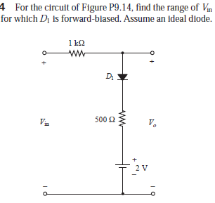 4 For the circuit of Figure P9.14, find the range of Vin
for which Di is forward-biased. Assume an ideal diode.
1 k2
ww
D Y
Vin
500 2
V,
