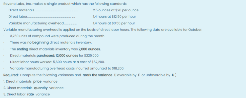 Ravena Labs., Inc. makes a single product which has the following standards:
Direct materials.
2.5 ounces at $20 per ounce
Direct labor.
1.4 hours at $12.50 per hour
Variable manufacturing overhead..
1.4 hours at $3.50 per hour
Variable manufacturing overhead is applied on the basis of direct labor hours. The following data are available for October:
3,750 units of compound were produced during the month.
There was no beginning direct materials inventory.
The ending direct materials inventory was 2,000 ounces.
Direct materials purchased: 12,000 ounces for $225,000.
Direct labor hours worked: 5,600 hours at a cost of $67,200.
Variable manufacturing overhead costs incurred amounted to $18,200.
Required: Compute the following variances and mark the variance (Favorable by F or Unfavorable by U)
1. Direct materials price variance
2. Direct materials quantity variance
3. Direct labor rate variance
.
.
