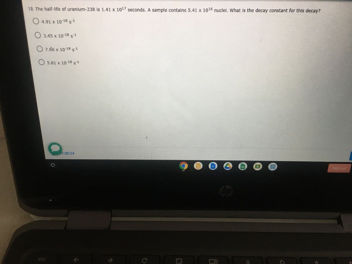 **Physics Quiz Section**

**Question 18: Radioactive Decay Calculation**

The half-life of uranium-238 is 1.41 x 10^17 seconds. A sample contains 5.41 x 10^16 nuclei. What is the decay constant for this decay?

**Answer Choices:**

- A) 4.91 x 10^-18 s^-1
- B) 3.45 x 10^-18 s^-1
- C) 7.66 x 10^-18 s^-1
- D) 5.61 x 10^-18 s^-1

To solve for the decay constant (λ), you can use the relationship between the half-life (T_1/2) and the decay constant, which is given by the formula:

\[ λ = \frac{\ln(2)}{T_{1/2}} \]

This relationship highlights the direct inverse proportionality between the half-life of a radioactive substance and its decay constant. A shorter half-life implies a larger decay constant, indicating rapid decay, and vice versa.