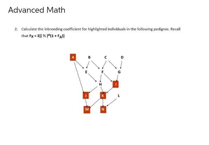 Advanced Math
2. Calculate the inbreeding coefficient for highlighted individuals in the following pedigree. Recall
that Fx = {[( % )^(1 + FA)]
A
E
M
na
U
N