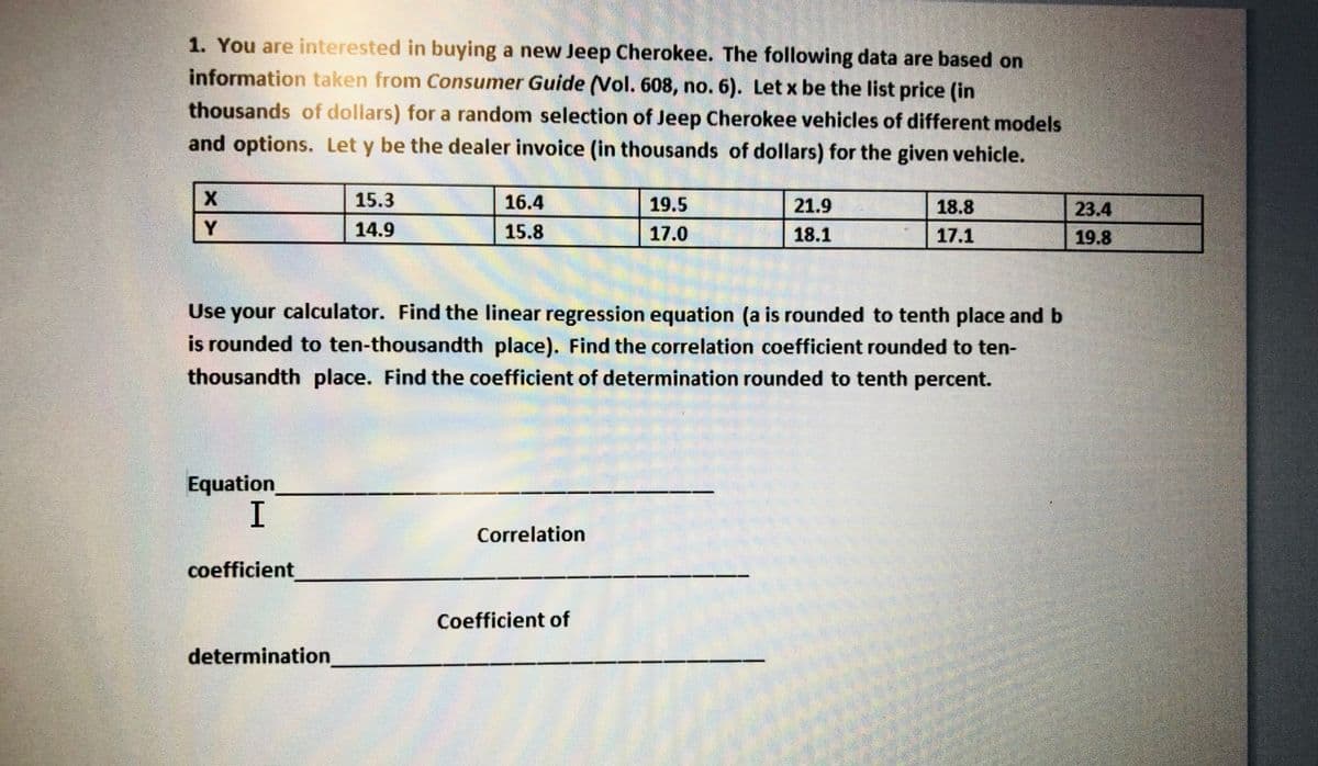 1. You are interested in buying a new Jeep Cherokee. The following data are based on
information taken from Consumer Guide (Vol. 608, no. 6). Let x be the list price (in
thousands of dollars) for a random selection of Jeep Cherokee vehicles of different models
and options. Let y be the dealer invoice (in thousands of dollars) for the given vehicle.
15.3
16.4
19.5
21.9
18.8
23.4
Y
14.9
15.8
17.0
18.1
17.1
19.8
Use your calculator. Find the linear regression equation (a is rounded to tenth place and b
is rounded to ten-thousandth place). Find the correlation coefficient rounded to ten-
thousandth place. Find the coefficient of determination rounded to tenth percent.
Equation
I.
Correlation
coefficient
Coefficient of
determination
