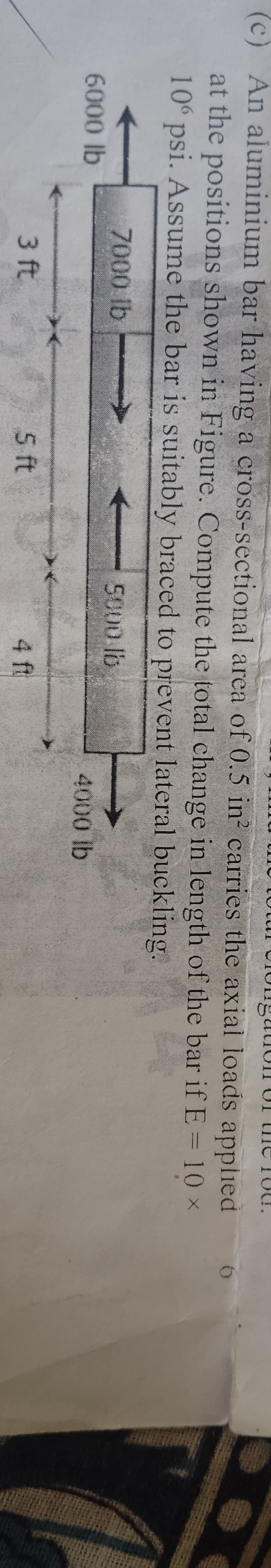 (c) An aluminium bar having a cross-sectional area of 0.5 in² carries the axial loads applied
at the positions shown in Figure. Compute the total change in length of the bar if E = 10×
106 psi. Assume the bar is suitably braced to prevent lateral buckling.
6000 lb
7000 lb
<<5000 lb
4000 lb
3 ft
5 ft
4 ft