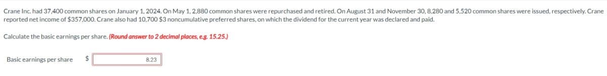 Crane Inc. had 37,400 common shares on January 1, 2024. On May 1, 2,880 common shares were repurchased and retired. On August 31 and November 30, 8,280 and 5,520 common shares were issued, respectively. Crane
reported net income of $357,000. Crane also had 10,700 $3 noncumulative preferred shares, on which the dividend for the current year was declared and paid.
Calculate the basic earnings per share. (Round answer to 2 decimal places, e.g. 15.25.)
Basic earnings per share
$
8.23