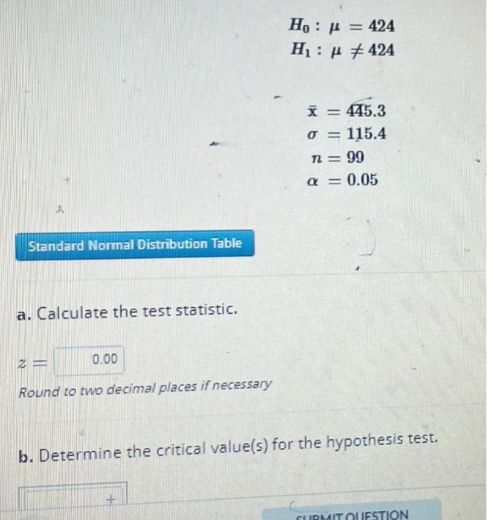 Ho : u = 424
Hị: µ # 424
i = 445.3
o = 115.4
= 99
%3D
0.05
%3D
Standard Normal Distribution Table
a. Calculate the test statistic.
0.00
Round to two decimal places if necessary
b. Determine the critical value(s) for the hypothesis test.
CURMIT OJESTION
