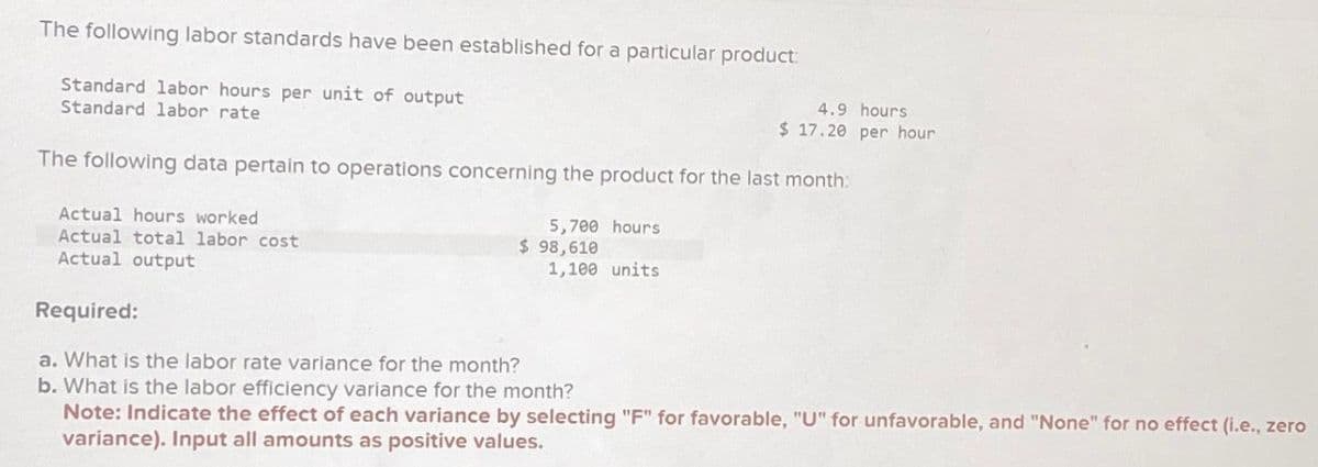 The following labor standards have been established for a particular product:
Standard labor hours per unit of output
Standard labor rate
The following data pertain to operations concerning the product for the last month:
Actual hours worked
Actual total labor cost
Actual output
5,700 hours
$ 98,610
4.9 hours
$17.20 per hour
1,100 units
Required:
a. What is the labor rate variance for the month?
b. What is the labor efficiency variance for the month?
Note: Indicate the effect of each variance by selecting "F" for favorable, "U" for unfavorable, and "None" for no effect (i.e., zero
variance). Input all amounts as positive values.