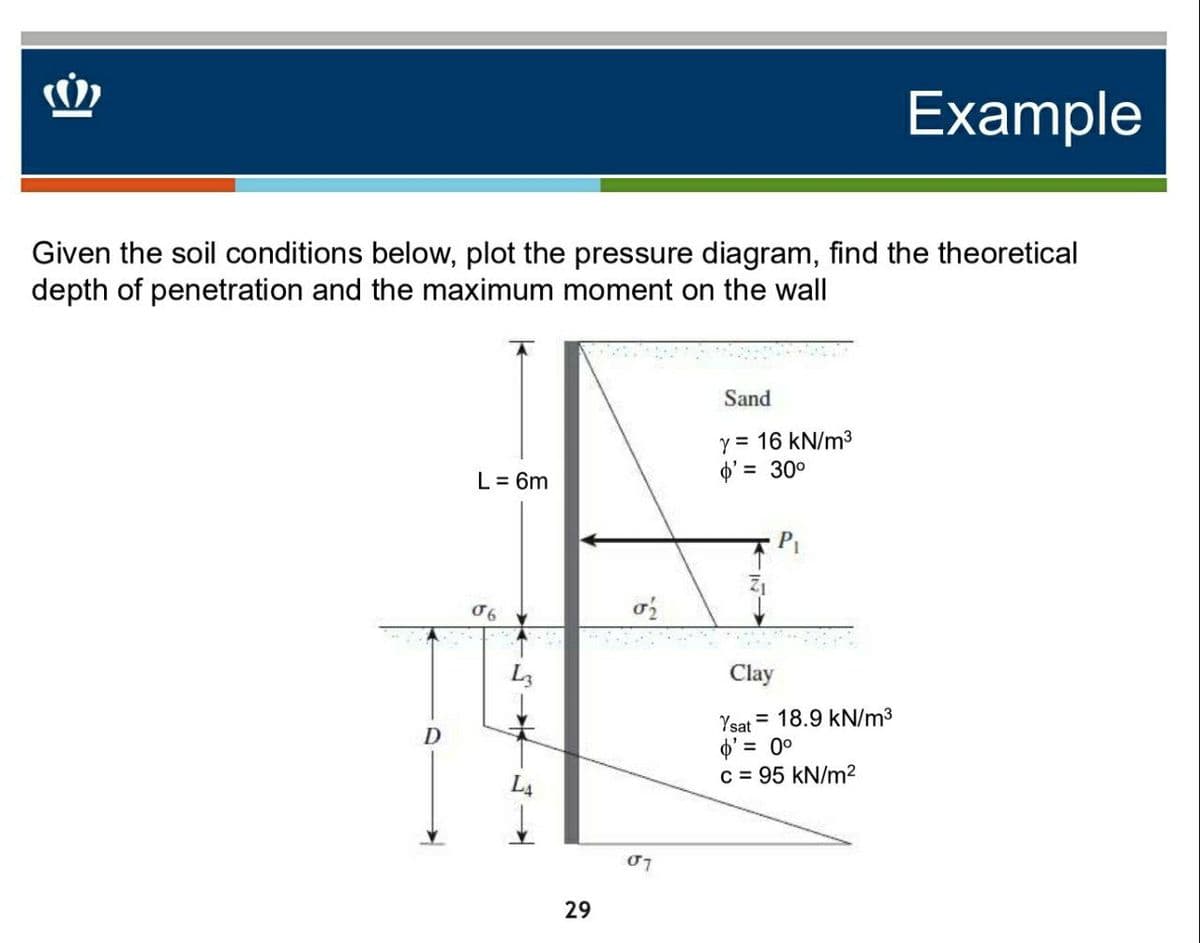 Example
Given the soil conditions below, plot the pressure diagram, find the theoretical
depth of penetration and the maximum moment on the wall
Sand
y = 16 kN/m3
$' = 30°
L = 6m
P1
06
L3
Clay
Ysat = 18.9 kN/m3
$' = 0°
c = 95 kN/m2
29
