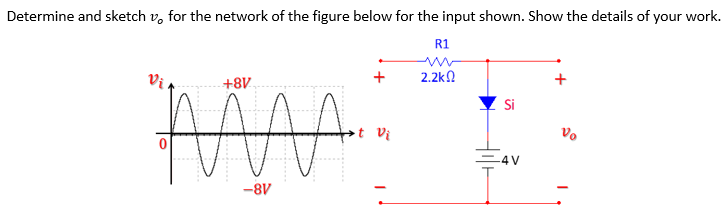 Determine and sketch v, for the network of the figure below for the input shown. Show the details of your work.
R1
Vi
+8V
2.2k.
+
Si
Vi
-4 V
-8V
