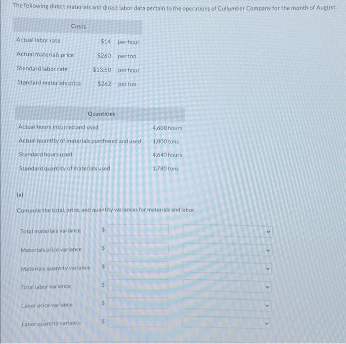 The following direct materials and direct labor data pertain to the operations of Cullumber Company for the month of August.
Actual labor rate
Actual materials price
Standard labor rate
Standard materials price
Costs
(a)
Actual hours incurred and used
Actual quantity of materials purchased and used
Standard hours used
Total materials variance
Standard quantity of materials used
Materials price variance
Total labor variance
$14
$260
Materials quantity variance
per hour
per ton
per hour
$262 per ton
Compute the total, price, and quantity variances for materials and labor.
Labor price variance
$13.50
Quantities
Labor quantity variance
4,600 hours
1,800 tons
4,640 hours
1,780 tons
>