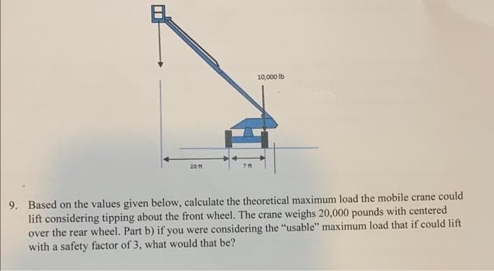 10,000 Ib
20 ft
9. Based on the values given below, calculate the theoretical maximum load the mobile crane could
lift considering tipping about the front wheel. The crane weighs 20,000 pounds with centered
over the rear wheel. Part b) if you were considering the "usable" maximum load that if could lift
with a safety factor of 3, what would that be?
