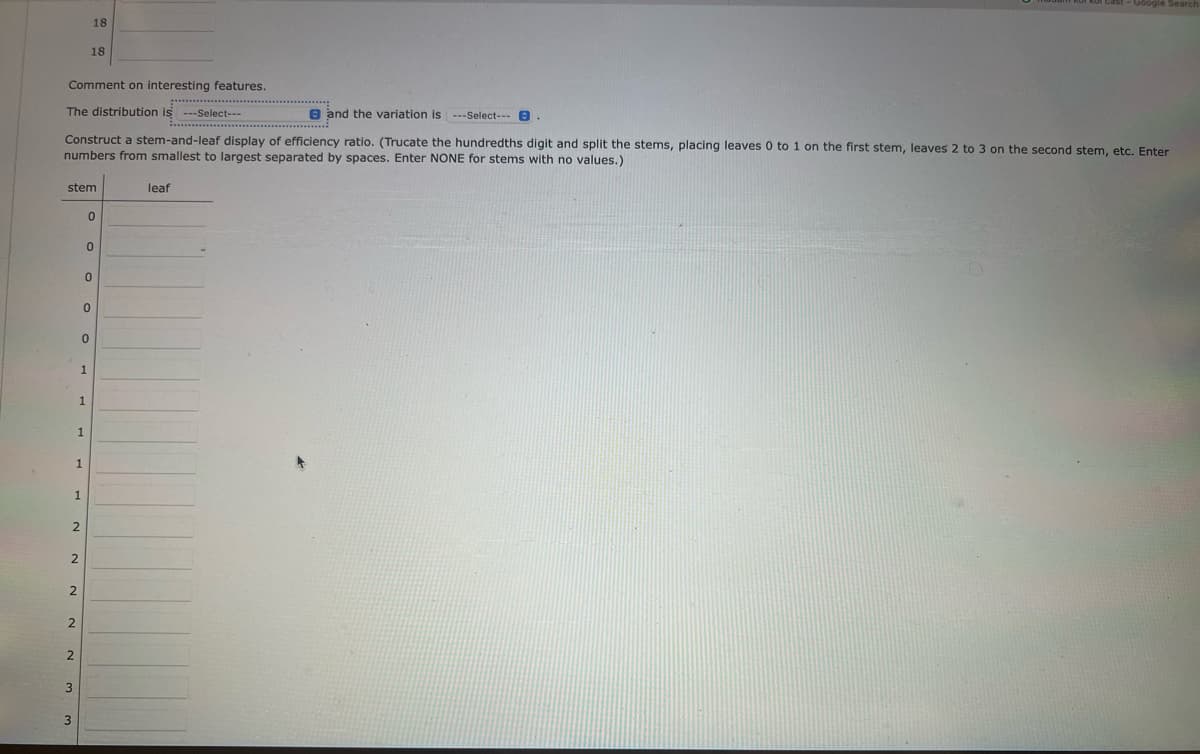 Comment on interesting features.
The distribution is ---Select---
e and the variation is ---Select--- .
Construct a stem-and-leaf display of efficiency ratio. (Trucate the hundredths digit and split the stems, placing leaves 0 to 1 on the first stem, leaves 2 to 3 on the second stem, etc. Enter
numbers from smallest to largest separated by spaces. Enter NONE for stems with no values.)
stem
2
2
2
1
2
2
3
3
1
1
1
0
1
18
18
0
0
0
0
leaf