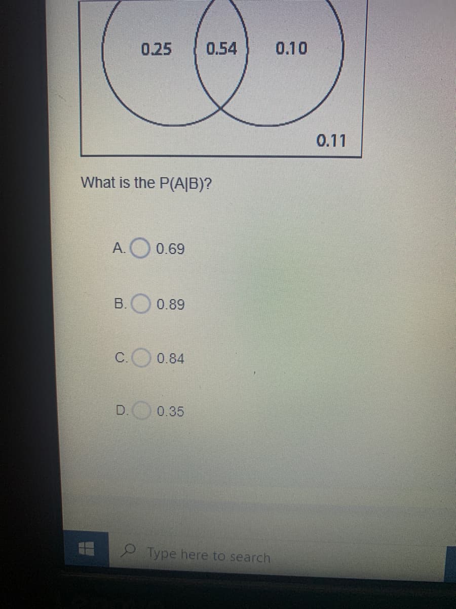 0.25
0.54
0.10
0.11
What is the P(A|B)?
A. 0.69
B.
0.89
C.
0.84
D.
0.35
e Type here to search
