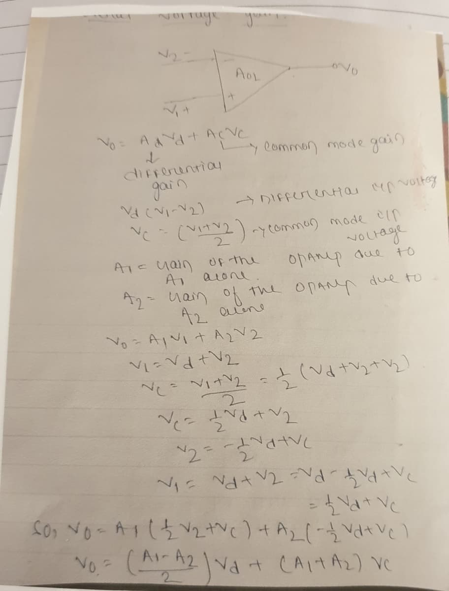 AoL
it
= Ad + A¢VC
y Common mode gain
differentiay
gain
(2)-yeommen mode Cln
2.
A1C yain Of the
A1
to
opAnp due
arone
due to
A2- Uain of
A2 Quene
Yo=AjVI t A2V2
the
NV2 と(
てん+Pntこ~
2.
フヘーPトTー
No.-
(Ar A2 |va + CAL4A2) VC
