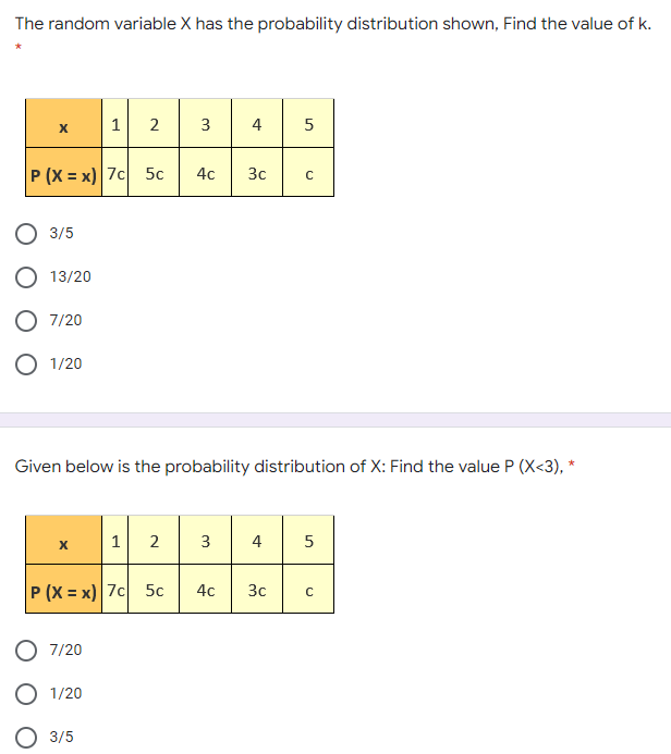 The random variable X has the probability distribution shown, Find the value of k.
1
2
3
4
5
P (X = x) 7c
5c
40
3c
О 35
13/20
O 7/20
O 1/20
Given below is the probability distribution of X: Find the value P (X<3), *
1
2
4
P (X = x) 7c 5c
4c
3c
O 7/20
O 1/20
3/5
3.
