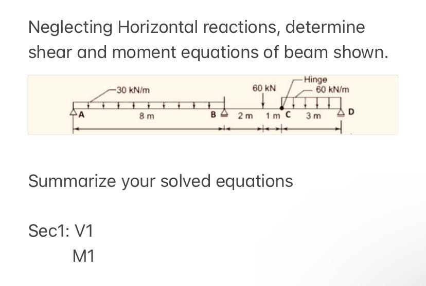 Neglecting Horizontal reactions, determine
shear and moment equations of beam shown.
60 kN
Hinge
60 kN/m
-30 kN/m
A
8 m
BA 2 m
1 m C
3 m
Summarize your solved equations
Sec1: V1
М1
