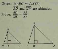 Given: AABC ~ AXYZ;
AD and XW are altitudes.
AD
Prove:
XW
AB
XY
A
B D
CY W
