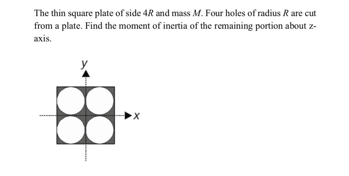 The thin square plate of side 4R and mass M. Four holes of radius R are cut
from a plate. Find the moment of inertia of the remaining portion about z-
аxis.
y
