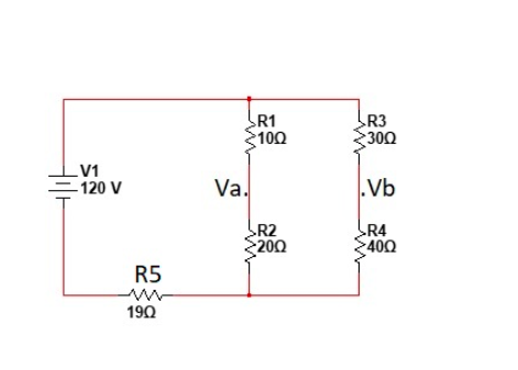 R1
100
R3
300
V1
=120 V
Va.
.Vb
R2
200
R4
400
R5
190
