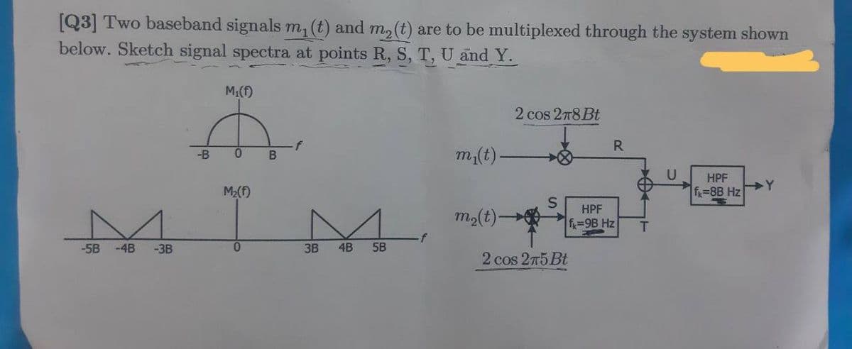 [Q3] Two baseband signals m, (t) and m,(t) are to be multiplexed through the system shown
below. Sketch signal spectra at points R, S, T, U and Y.
M1(f)
2 cos 278 Bt
R
-B
m(t).
U
HPF
M2(f)
f=8B Hz
M IM
HPF
m2(t)-
f=9B Hz
-5B
-4B
-3B
3B
4B
5B
2 cos 2n5 Bt
