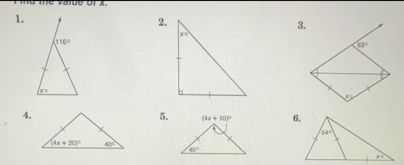 Tma i c value Of X.
1.
2.
3.
1160
630
хо
4.
5.
(4x + 10)0
6.
(4x+ 20)°
400
540
40°
