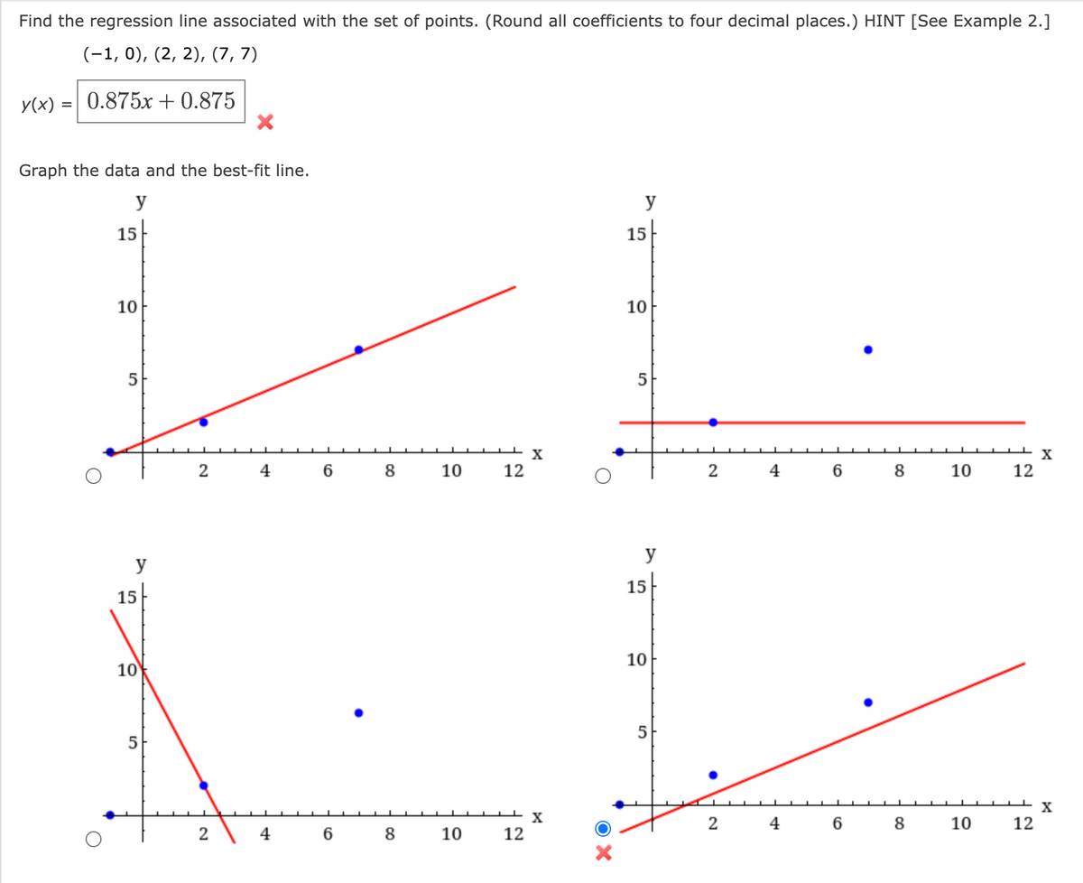 Find the regression line associated with the set of points. (Round all coefficients to four decimal places.) HINT [See Example 2.]
(−1,0), (2, 2), (7, 7)
y(x) = 0.875x+0.875
Graph the data and the best-fit line.
y
15
10
LO
5
y
15
10
2
X
2
6
co
8
10
4 6 8 10
12
12
X
X
OX
X
y
15
10
5
y
15
10
5
2
4
6 8
2 4 6 8
10
10
12
12
X
X