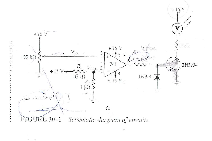 +15 V
+ 15 V
I kl
+ 15 V
Vin
100 ks2
741
R: V'REF 2
2N3904
+ 15 V V
10 ks!
IN914 A
- 15 V
に、
C.
FIGURE 30-1
Schematic diagram of circuits.
